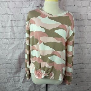 Skye's the Limit Pink tan Camouflage Sweatshirt sz L twist detail casual